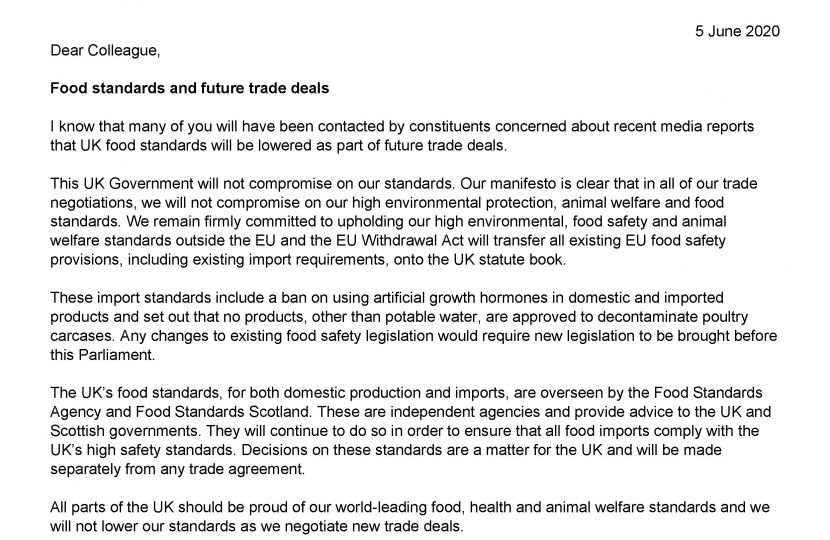 DIT & DEFRA Letter of Food Standards